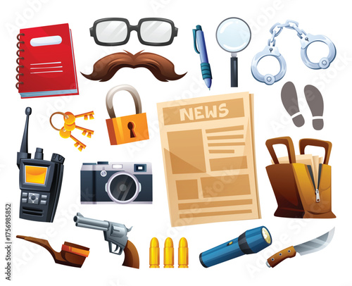 Set of detective and police investigation tools including a walkie-talkie, camera, padlock, and bullets. Vector cartoon illustration