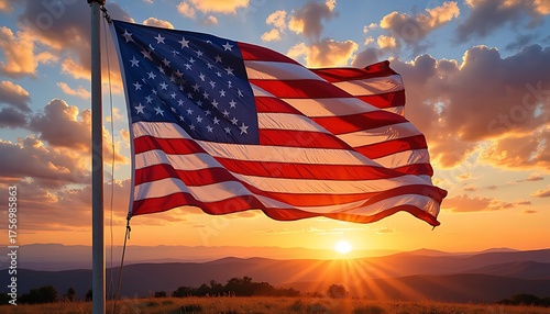 American flag waving in the wind at sunset with golden light
