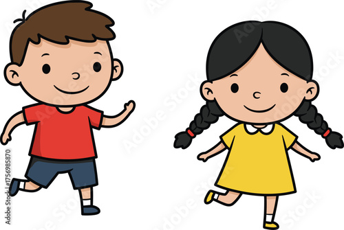 Cartoon children illustration, playful boy and girl, cheerful pose, colorful outfits, educational vector art, happy kids, fun character design