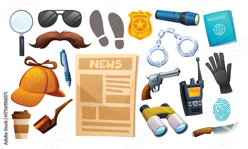 Set of private detective and police investigation equipment including a hat, badge, binoculars, passport, and fingerprint. Vector cartoon illustration