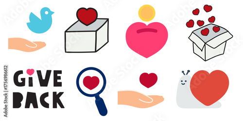 Charity and Donation Icons. Simple vector illustration of a hand releasing dove, donation box with heart, piggy bank heart with coin, "Give Back" text, magnifying glass with heart.