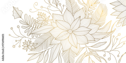 Elegant golden floral background with seasonal botanical elements, line vector style. Perfect for luxury holiday cards, wedding invitations, and modern winter or spring design projects