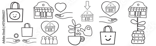 Shop Local Icons Outline Set. Minimal vector design of community symbols including local store, heart hands and shopping bag. Simple illustration collection.