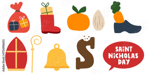 Saint Nicholas Day Set. Minimal vector design of holiday symbols including boot, gift box, staff and chocolate letter. Simple illustration collection.