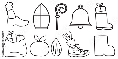 Holiday Icons for Saint Nicholas Day. Simple vector illustration of a boot with present, bishop's staff, bell and sack. Minimal outline design on white background.
