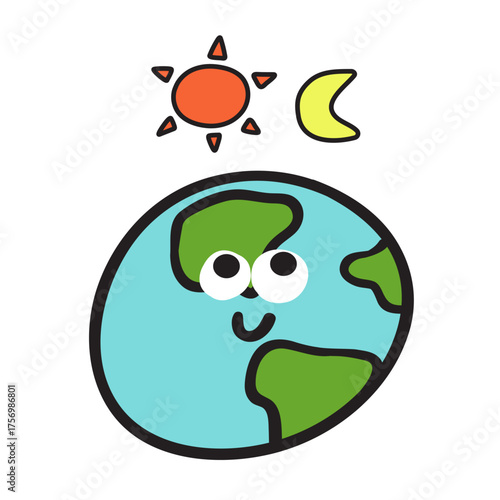 Simple vector illustration of a happy planet character watching the sun and moon. Minimal holiday design for winter solstice.