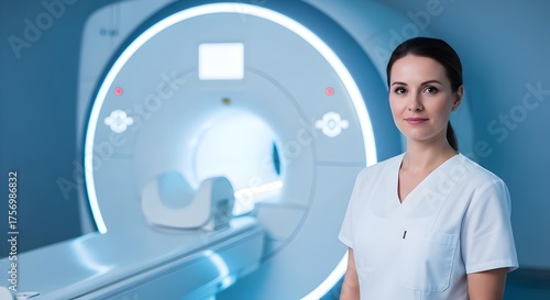 Wallpaper Mural Female MRI technician in futuristic imaging suite illuminated by ambient lighting representing innovation in healthcare technology (Industry) Torontodigital.ca