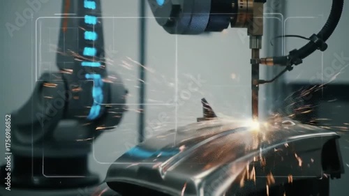 Close-up of an industrial robotic arm performing automated welding on a metal part with bright sparks. Precision manufacturing and heavy industry technology.
