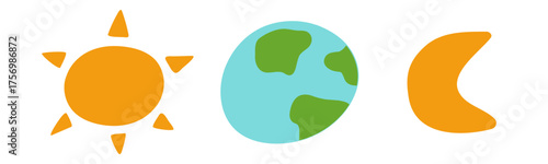 Minimal vector illustration of a sun, planet and moon in a celestial lineup. Simple design for astronomical event.