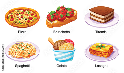 Set of popular Italian food dishes including pizza, bruschetta, tiramisu, spaghetti, gelato, and lasagna. Vector cartoon illustration