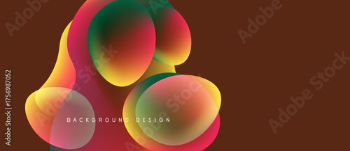 Abstract colorful blobs overlap, creating dynamic visual effect. Warm tones dominate, with hints green, red. Background dark brown.