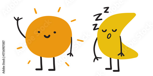 Longest Night Rest. Simple vector illustration of a sleeping moon and smiling sun characters. Minimal cute design for winter solstice.