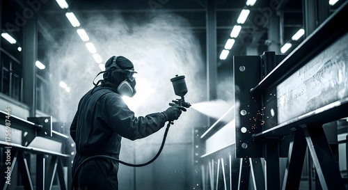 Wallpaper Mural Professional airless spray painter coating steel beams in industrial warehouse using protective gear and spray gun (Industry) Torontodigital.ca
