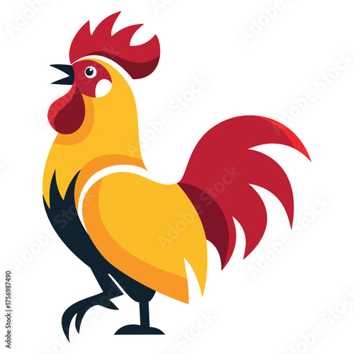 A proud, crowing rooster or cock illustration, representing farming, poultry, morning, and good luck