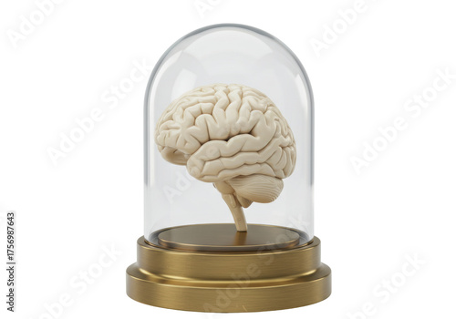 Human brain in glass dome isolated PNG, anatomical model for science and education on transparent background