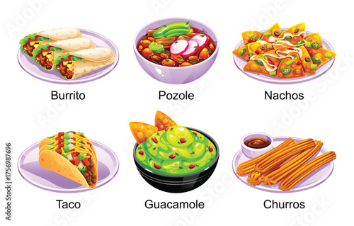 Set of popular Mexican food dishes including burrito wrap, pozole soup, nachos chips, taco, guacamole dip, and churros dessert. Vector cartoon illustration