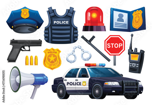 Police equipment set including a uniform cap, bulletproof vest, patrol car, siren, gun, handcuffs, badge, and stop sign. Vector cartoon illustration