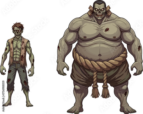 Creepy zombie and giant undead monster illustration, horror fantasy characters with decayed skin, spooky Halloween artwork for dark apocalyptic design