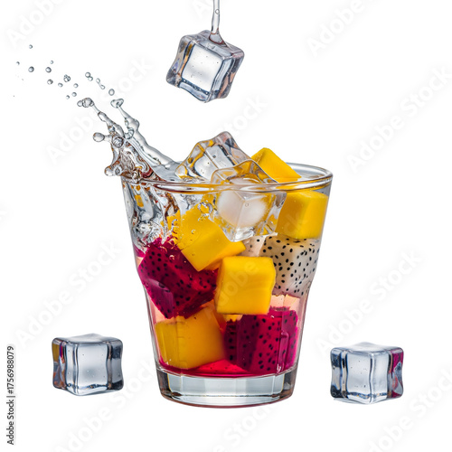Tropical Delight: A vibrant cocktail glass bursts with colorful fruit chunks and crystal-clear ice cubes, as a refreshing splash of water cascades adding an invigorating touch.