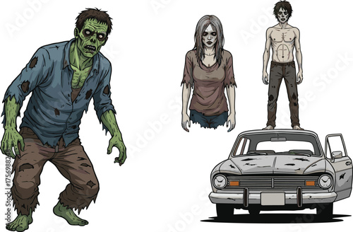 Creepy zombies near old car, horror undead characters in tattered clothes, spooky apocalypse illustration for Halloween and dark fantasy artwork