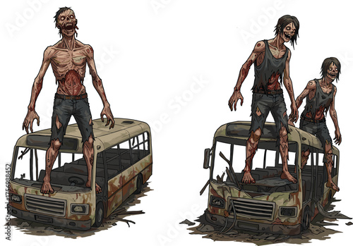 Post apocalyptic zombie attack on abandoned bus, horror undead creatures in ruined city, scary walking dead scene, survival nightmare concept