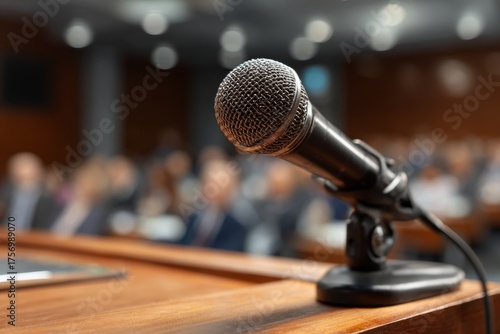 Microphone at city hall meeting  or conference, on council podium, blurred audience background. Public talk. 