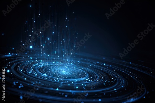 Abstract swirling galaxy-like image, blue light particles rising from spiral formation