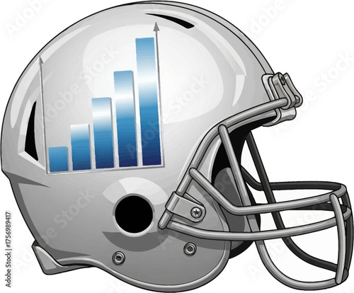 An American football helmet features a rising blue bar graph, symbolizing sports analytics and success.