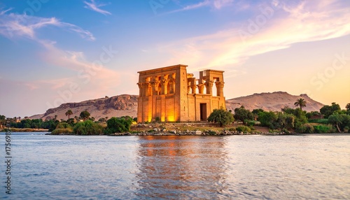 Philae Temple shimmering at sunset, picturesque island sanctuary on the Nile River