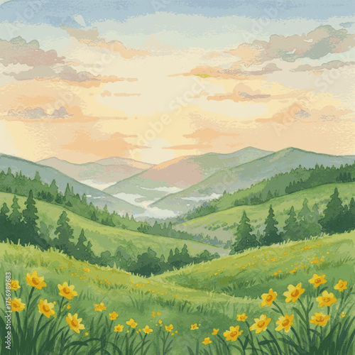 Morning Embraces the Vale Sunrise Valley isolated watercolor vector illustration svg