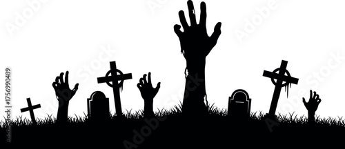 Silhouette of rising zombie hands and gravestones in a graveyard for halloween celebrations vector