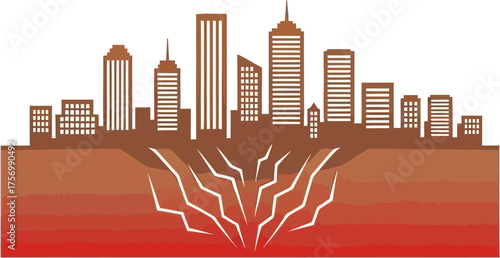 A stylized city skyline above ground that is cracking from seismic activity or geothermal energy.