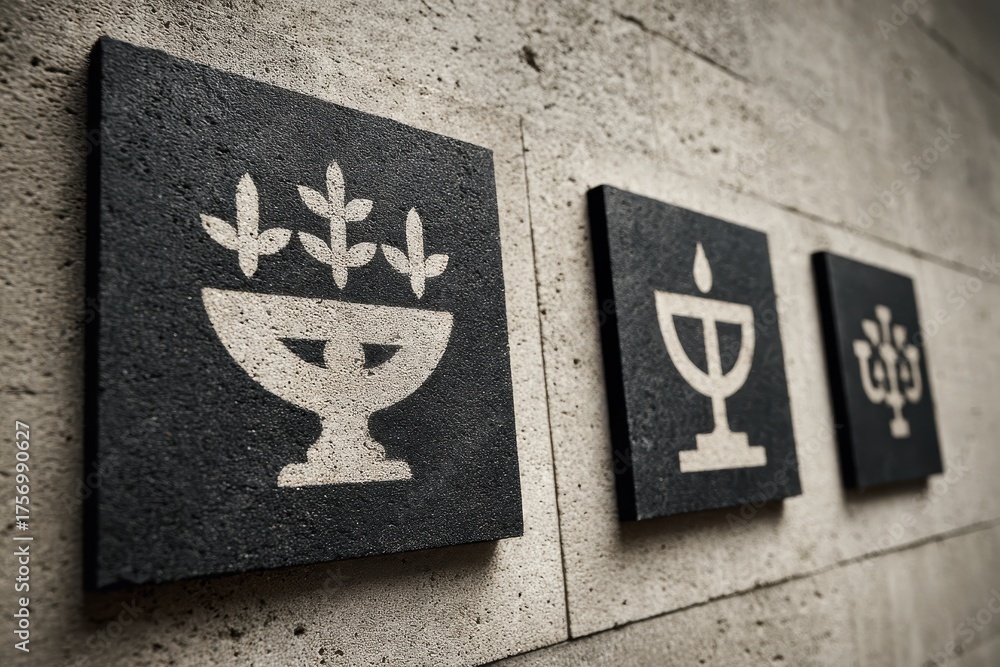 Fototapeta premium Minimalist Icon Panels On Concrete Wall Food Drink And Plant Symbols