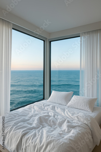 Interior design of a bedroom with sea view. Hotel