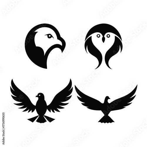 Solid Black Silhouette Vector Set of Eagle and Owl Logos
