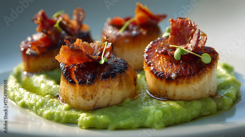 Wallpaper Mural Pan Seared Scallops with Pea Puree and Crispy Prosciutto Garnish for Gourmet Dining Experience Torontodigital.ca