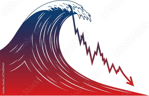 An economic downturn illustrated by a large, crashing wave that becomes a falling line graph with a downward arrow.