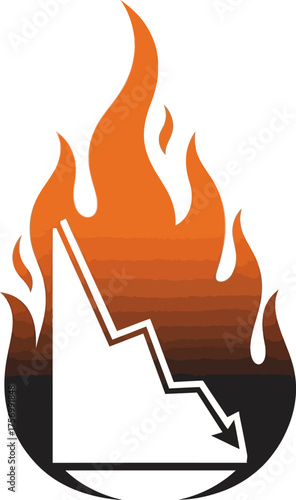 A graphic icon of a downward trending chart engulfed in orange flames, symbolizing a financial crash and burn scenario.