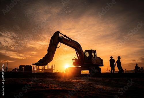 Fototapeta Naklejka Na Ścianę i Meble -  A silhouetted excavator and workers against a vibrant sunset at a construction site