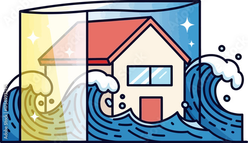 A house protected from large flood waves by a transparent shield.