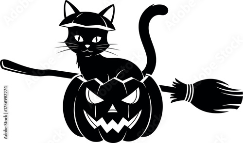 Black cat riding jack o lantern pumpkin on broomstick for halloween celebration vector