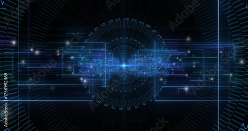 Emitting horizontal beam from blue orb in digital UI with frames, data lines, dial and particles