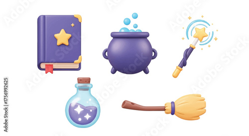A vibrant 3D collection of magical wizardry items, including a spellbook, bubbling cauldron, mystical potion, and witch's broom, isolated on a white background