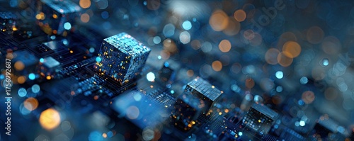 Abstract depiction of digital technology. Cubic structures glow amidst circuit board details and bokeh effects