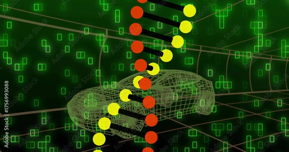 Naklejka premium Floating wireframe automobile model drifting within dark grid, with neon green pixels, node column