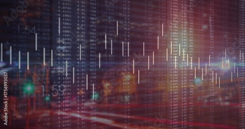 Candlestick chart overlaying night street scene, with stock columns, percentages, light trails