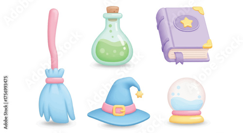 A charming collection of cute witch and wizard accessories, including a magic broom, spellbook, hat, potion, and crystal ball vector illustration set