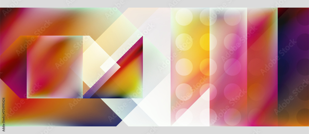 Fototapeta premium Abstract composition features vibrant geometric shapes, overlapping layers, soft gradients. Colors blend, creating dynamic visual effect.