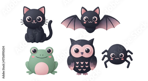 Cute Halloween Animal Icons Set Black Cat, Bat, Frog, Owl, Spider - Whisk_c9de547ed9cc419b3274c9f8e016c269dr_vector