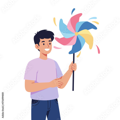 Joyful boy holding colorful pinwheel outdoors on a sunny day silhouette flat design vector illustration white background